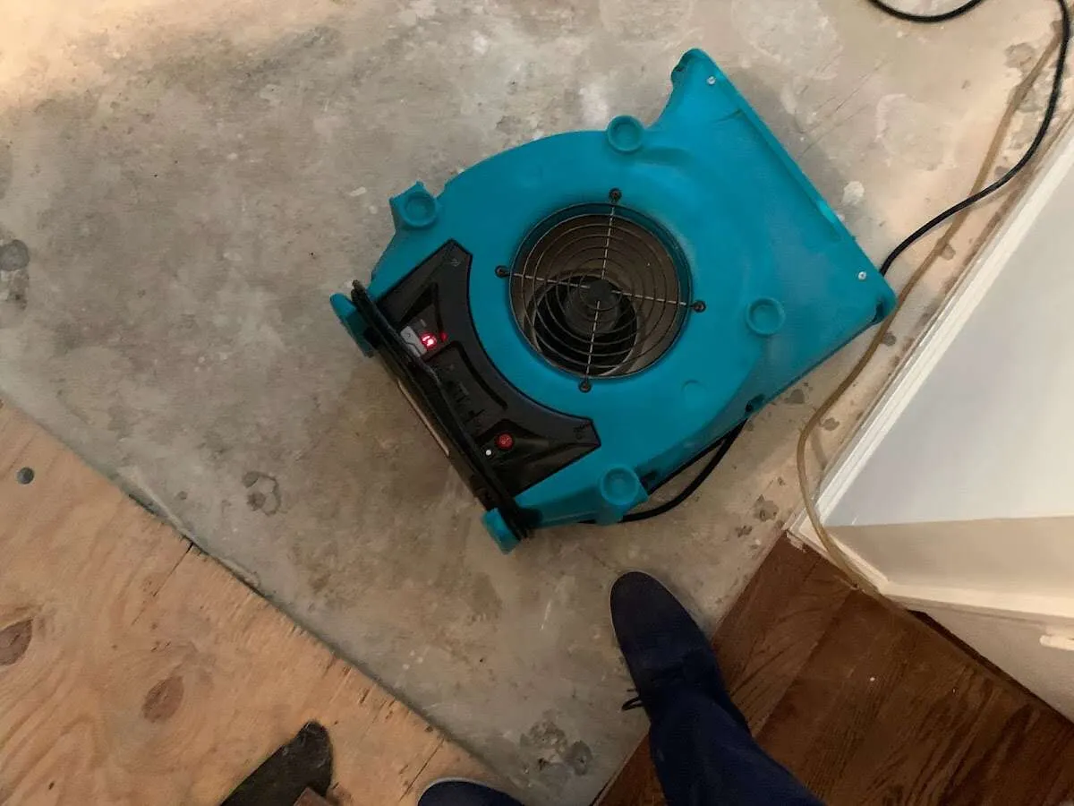 Air mover drying subfloor during Leak Detection & Repair in Evansville